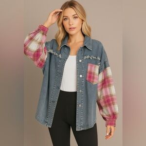 Umgee Boho Oversized Baggy Distressed Fringe Washed Denim & Plaid Shacket Sz M